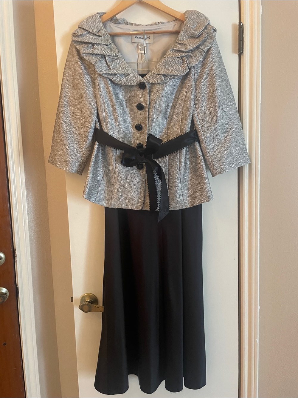 Victor Costa Black Maxi Skirt with Silver Textured Jacket